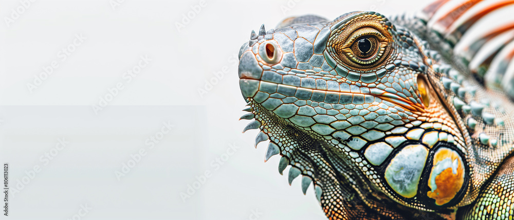 Close up of a Green iguana on white background; Limon province, Costa Rica.