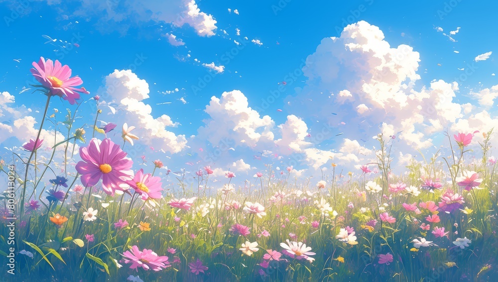 A vibrant anime-style illustration of the sky filled with fluffy white clouds, adorned with delicate pink and orange flowers that bloom gracefully
