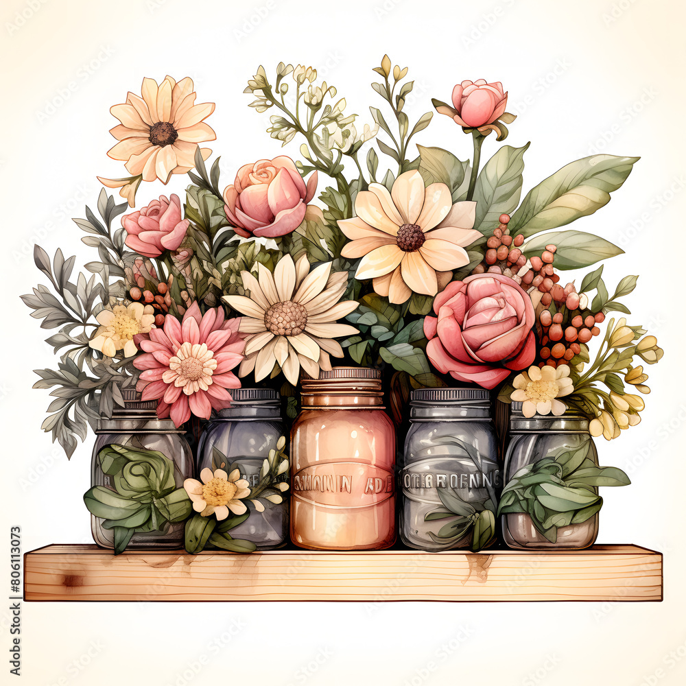Obraz premium A beautiful modern clip art of a beautiful Flower Wooden crates with mason jar, freshy colourful, overflowing with assorted blooms and greenery, beautiful wedding style, single objects, isolated on w