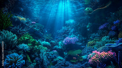 Undewater view of clear blue ocean with colorful corals.