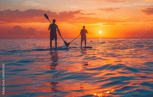 Two men on their stand-up paddle boards engaging in sports © tongpatong