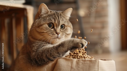 A chubby cat pawing at a bag of kibble, its eager expression revealing its anticipation for mealtime, embodying the delight of a well-fed feline.