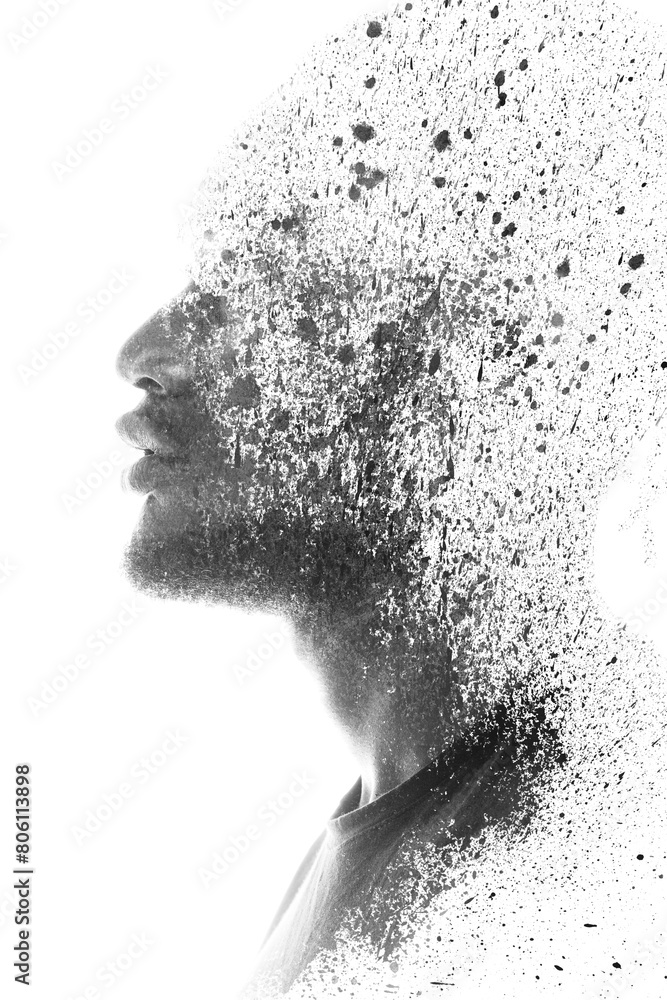 A paintography double exposure portrait of half of a man's profile A paintography double exposure portrait of half of a man's profile