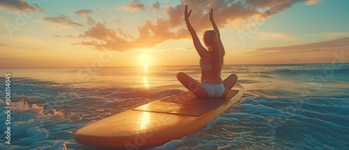 woman using a paddle board to perform sup yoga photo