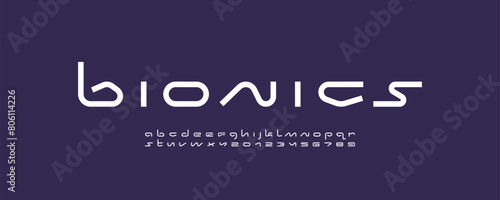 Technical wide future font, digital cyber alphabet, trendy white letters from A to Z and numbers from 0 to 9, vector illustration 10EPS