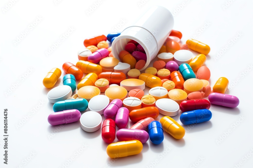 Closeup of colorful capsules and tablets spilled from a bottle, die-cut PNG style, isolated on white background Closeup of colorful capsules and tablets spilled from a bottle, die-cut PNG style, isolated on white background