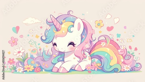 An adorable unicorn with a rainbow mane on a pastel pink background with flowers and hearts