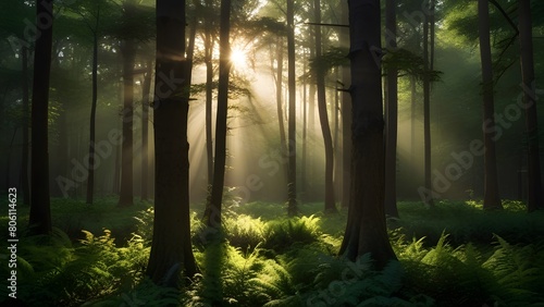 Mystic Dawn: A Foggy Forest Morning #806114623