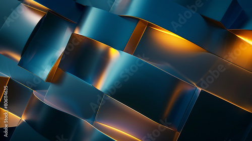 abstract blue 3d square gold light effect.  photo