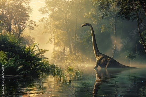 A photorealistic depiction of a Brachiosaurus, towering and majestic, gently wading into a serene lake photo