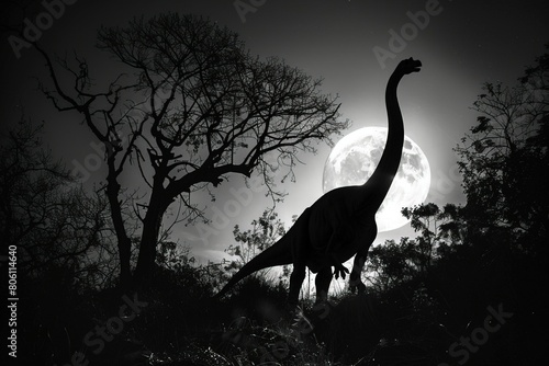 A monochrome photograph of a Brachiosaurus silhouette  dramatic and towering  against a full moon night sky