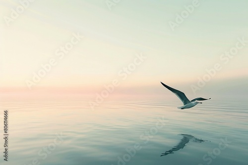 A serene image of Tropeognathus gliding over a calm sea at dawn  reflecting soft morning light. The peaceful scene contrasts its hunting prowess  focusing on its graceful flight