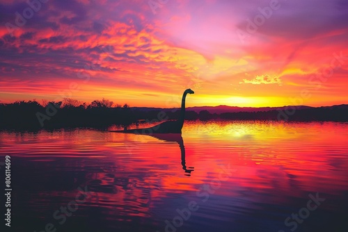 A serene twilight scene where a Brachiosaurus is silhouetted against a vibrant sunset sky, standing in shallow waters