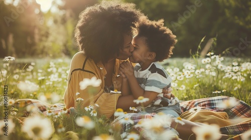 A tender moment at the park where a mother tenderly kisses her child's forehead, sitting on a picnic blanket surrounded by daisies, encapsulating the pure affection photo