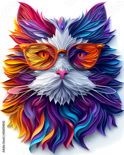 A colorful cat with a pair of glasses on its face