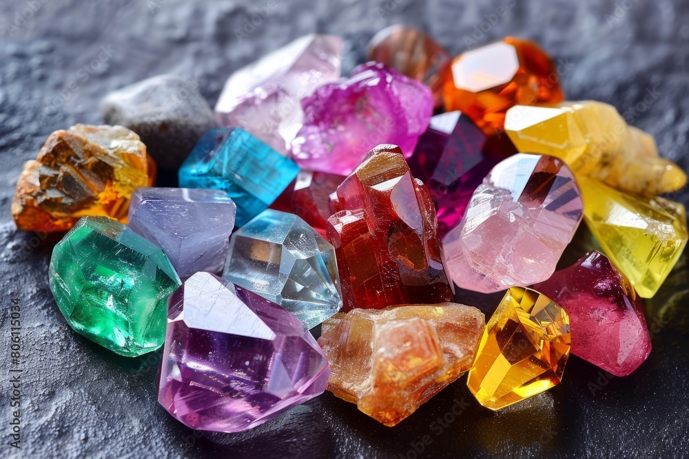 Vibrant Collection of Multi-Colored Gemstones on Dark Surface Vibrant Collection of Multi-Colored Gemstones on Dark Surface