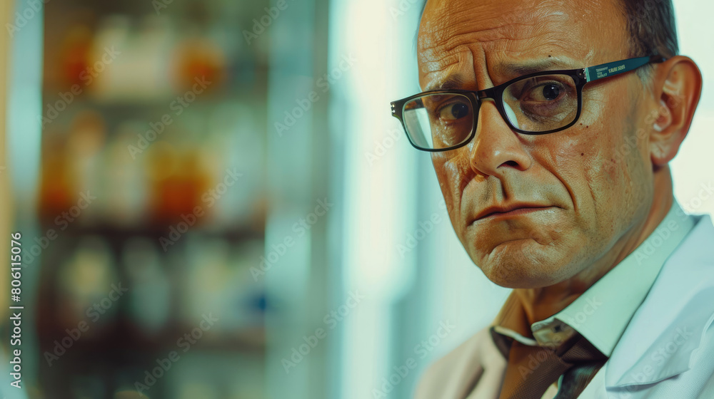 A close up of a man wearing glasses and a lab coat A close up of a man wearing glasses and a lab coat