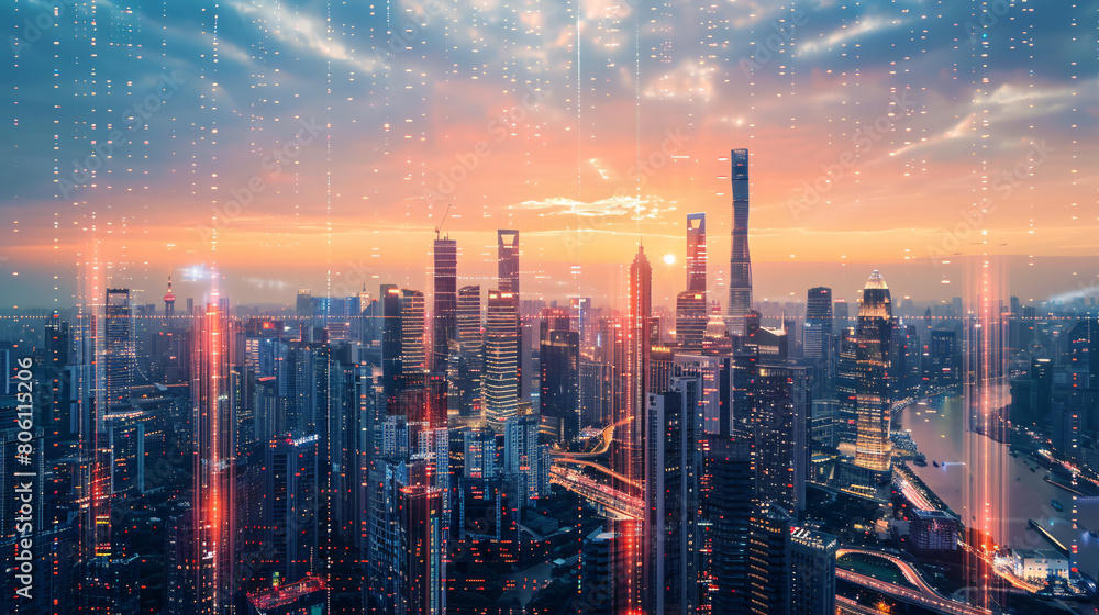 Fototapeta premium Urban skyline of a BRICS nation at sunset, reflecting economic growth, industrial expansion, and the rise of digital economies