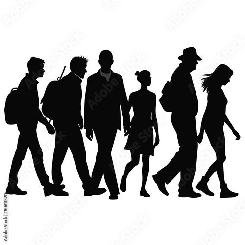 silhouette of group of a people walking on white background