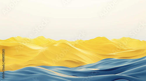 Bright matte yellow and muted smokey blue waves  providing a stark contrast reminiscent of a sunny day against a stormy sea on a solid white background.