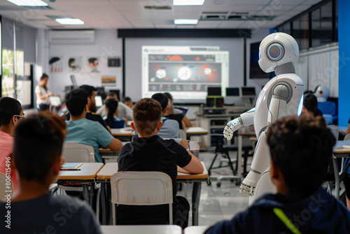 A classroom with students learning about robotic process automation, emphasizing the importance of technology-driven change in education