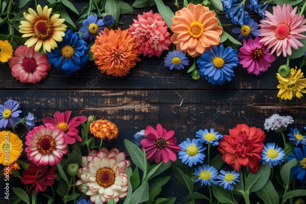 Vibrant Assortment of Colorful Blooms on Wooden Background