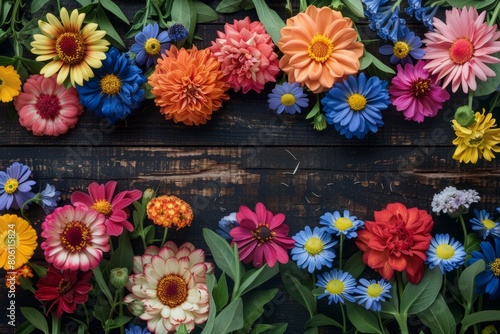 Vibrant Assortment of Colorful Blooms on Wooden Background