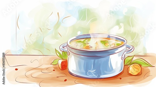 soup simmering, pot of homemade soup simmering on the stove