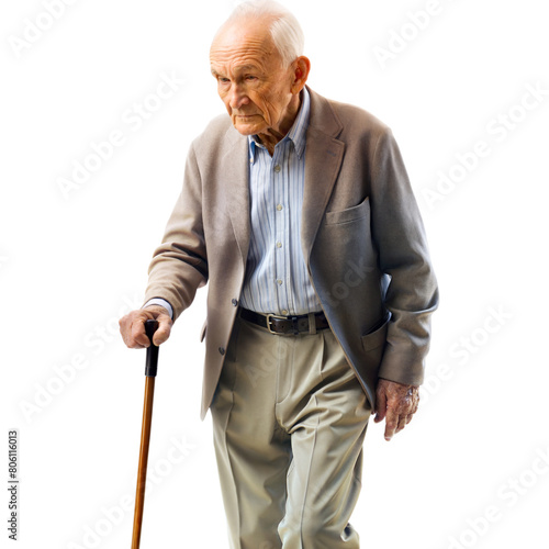 Elderly Man Walking With a Cane in Daylight, Portraying Determination and Strength