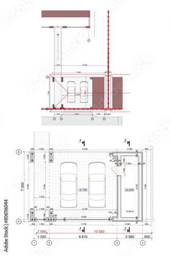 Architectural blueprints of a shed and a parking lot