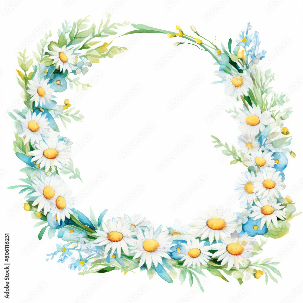 Elegant circle frame of daisies and baby's breath, rendered in a soft watercolor style, perfect for airy wedding invitations and spring themes. Elegant circle frame of daisies and baby's breath, rendered in a soft watercolor style, perfect for airy wedding invitations and spring themes.
