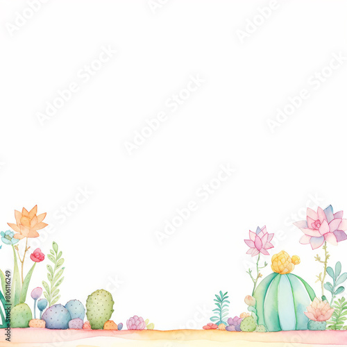 Playful border of colorful watercolor succulents and cacti, perfect for enhancing desert-themed cards or decorative projects.