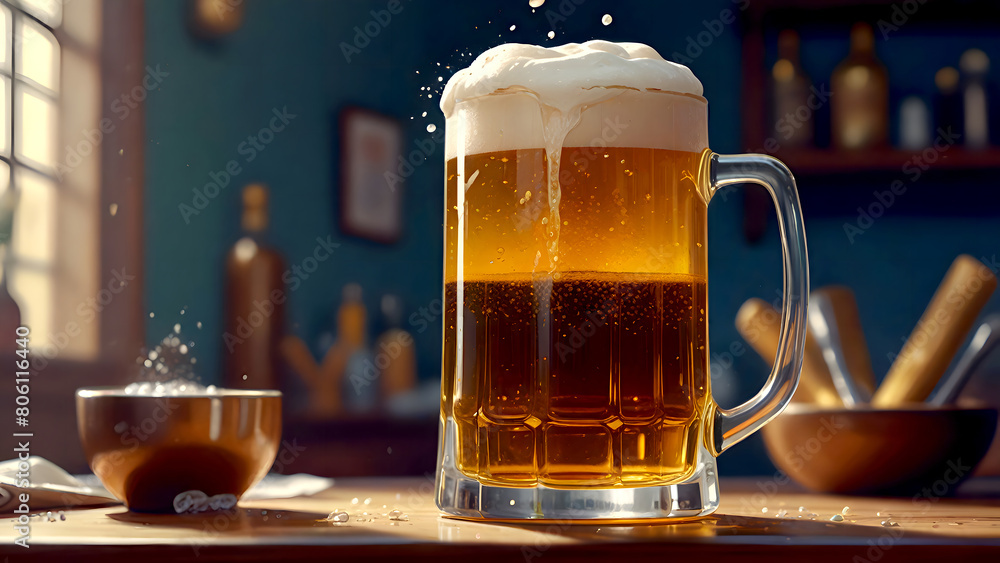 Cold draft beer with foam in a mug, on a wooden table, mug of cold foamy beer close-up. Cold draft beer with foam in a mug, on a wooden table, mug of cold foamy beer close-up.