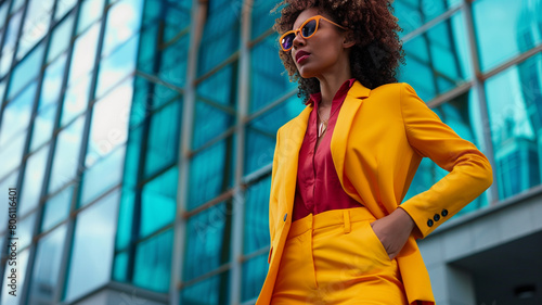 A tailored pantsuit with a pop of color, reflecting the confidence and individuality of a successful businesswoman. photo