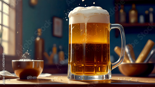Cold draft beer with foam in a mug, on a wooden table, mug of cold foamy beer close-up.