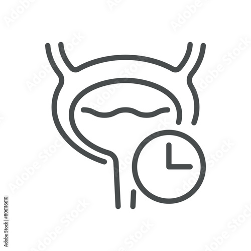 Frequent Urination Timing Icon. Line Illustration of Human Bladder with Clock, Representing Urgency and Frequency of Urination. Isolated Vector Sign.