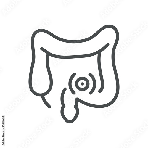 Constipation Icon. Line Vector Illustration of Intestines with Impaction Symbol, Representing Digestive Blockage and Bowel Disorder. Isolated Outline Sign.