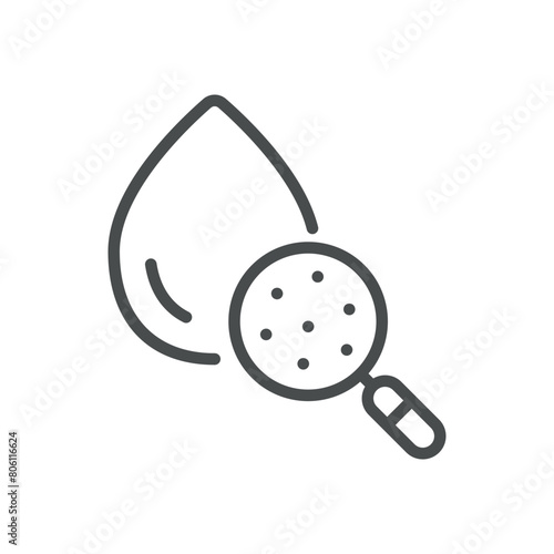 Hematuria Icon. Line Vector Illustration of Water Drop with Magnifying Glass Showing Blood Cells, Symbolizing Blood in Urine. Isolated Outline Sign.