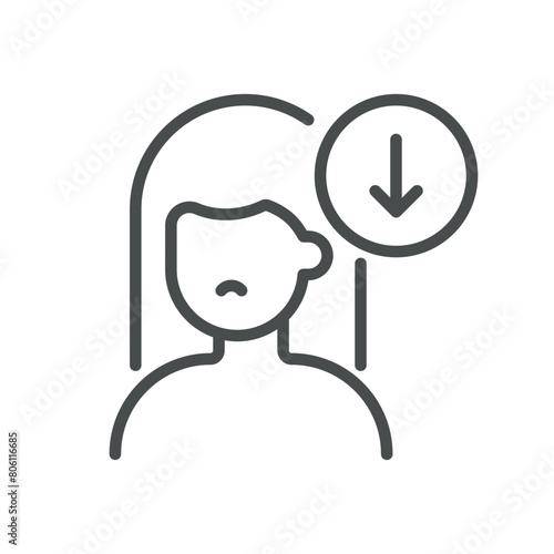 Low Energy Icon. Line Vector Illustration of a Tired Woman Silhouette with Downward Arrow, Symbolizing Fatigue and Lack of Energy. Isolated Outline Sign.
