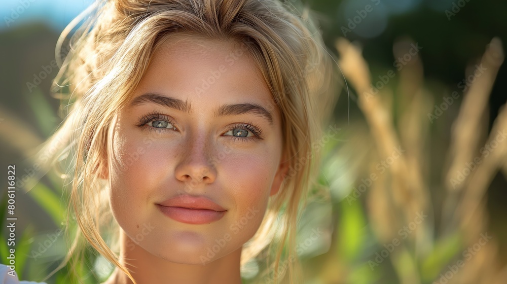 Portrait of beautiful woman. Woman with blonde hair takes care about skin. Beauty concept. Skin concept. Woman concept. Care concept. Portrait of beautiful woman. Woman with blonde hair takes care about skin. Beauty concept. Skin concept. Woman concept. Care concept.
