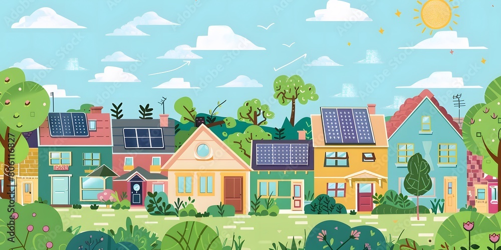 Cheerful Cartoon Suburb with Solar-Powered Homes. Living Green and Sustainable, sun and cloud in sunny day. Cheerful Cartoon Suburb with Solar-Powered Homes. Living Green and Sustainable, sun and cloud in sunny day.