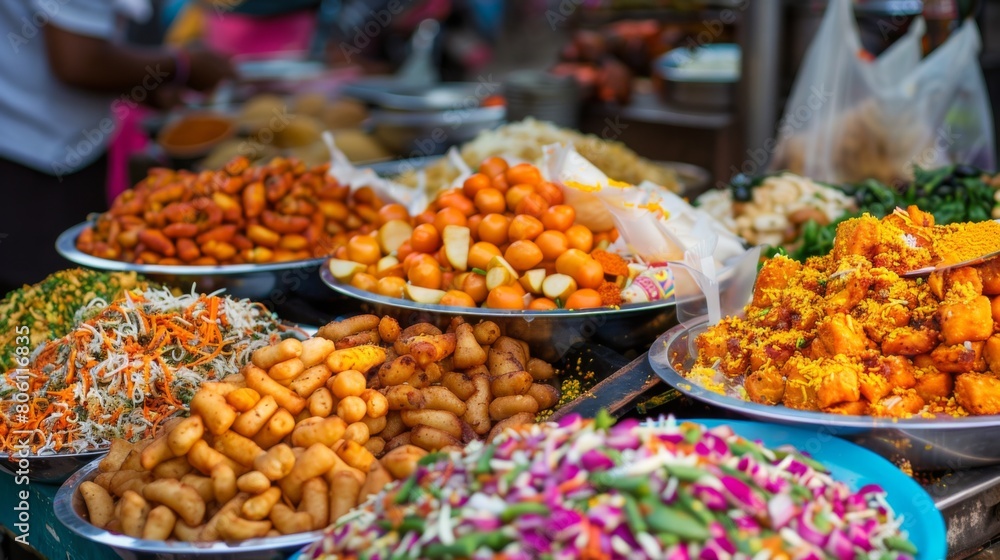 A colorful array of Indian street food snacks, including chaat, bhel puri, and vada pav, served on paper plates at a bustling market stall.