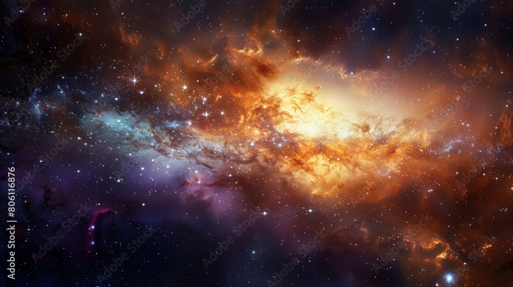 Naklejka premium A striking image of the galaxy core, ablaze with a myriad of stars, swirling in a dance of cosmic light and color, the surrounding darkness accentuating its radiant intensity.