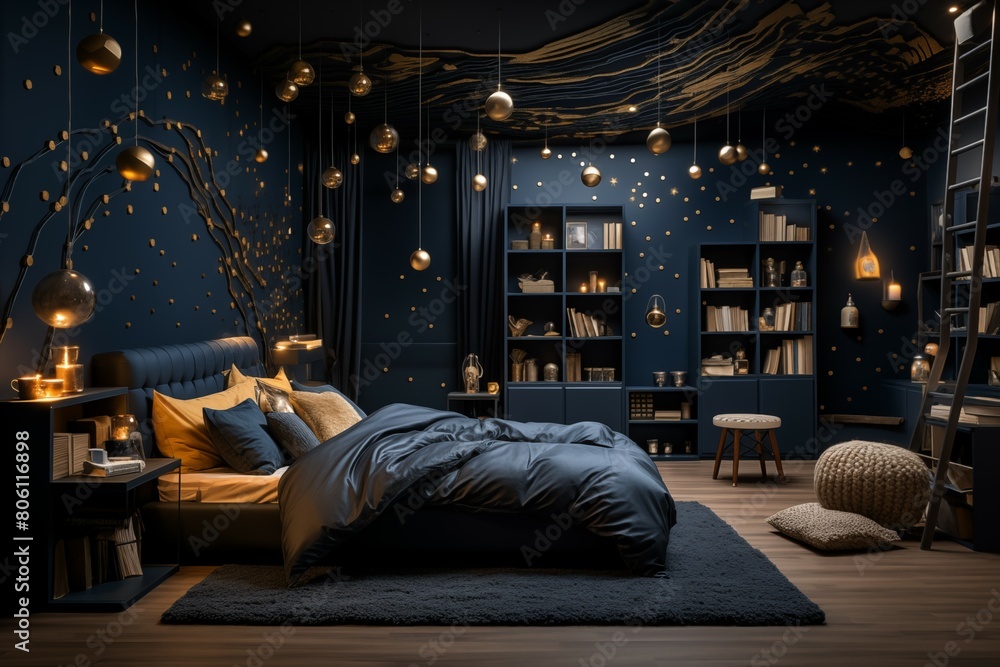 A luxurious bedroom in dark blue and gold with a space theme.