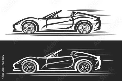 Vector logo for Sport Car, horizontal automotive banner with simple contour illustration of monochrome concept car with open roof in motion, decorative running sporty car on black and white background