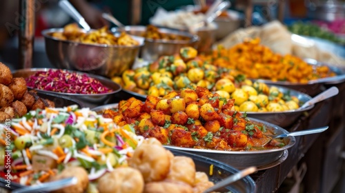 A colorful array of Indian street food snacks, including chaat, bhel puri, and vada pav, served on paper plates at a bustling market stall.