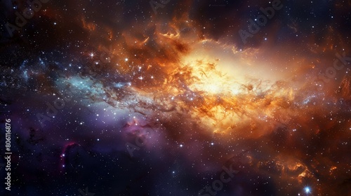 A striking image of the galaxy core, ablaze with a myriad of stars, swirling in a dance of cosmic light and color, the surrounding darkness accentuating its radiant intensity.