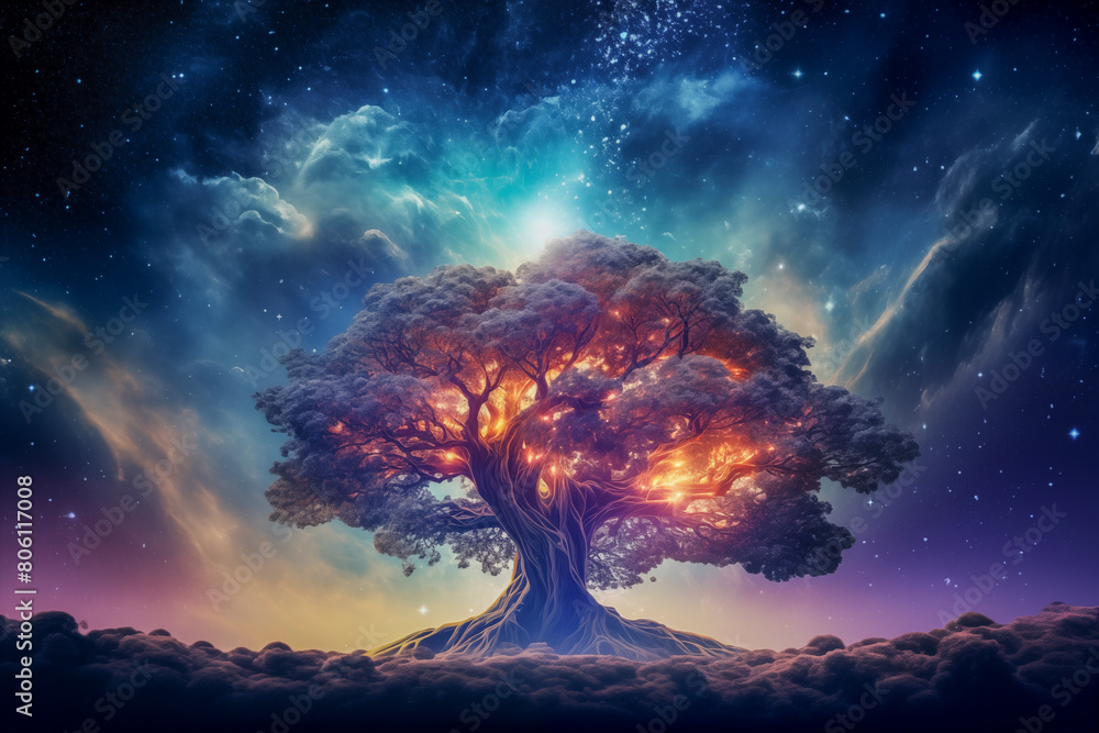 Naklejka premium Cosmic nebula growing gigantic tree, growing on asteroid,Tree of Life, Art Design