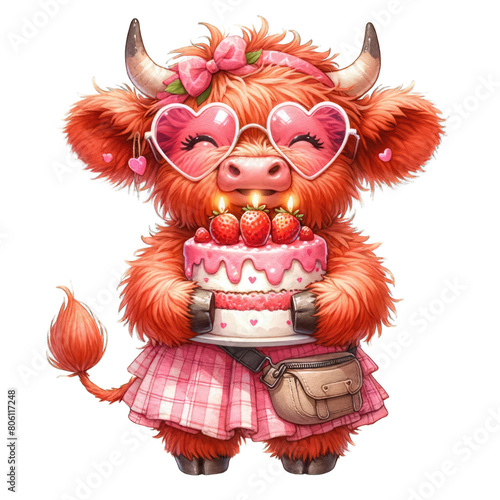 A cute cartoon cow wearing a pink dress and sunglasses is holding a birthday cake. The cow has a big smile on its face and is surrounded by hearts.