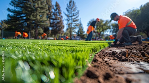 Workers laying fresh sod to create a new lawn, a process demonstrating precision and teamwork in landscape development. Urban landscaping and green space creation concept. Design for municipal plannin